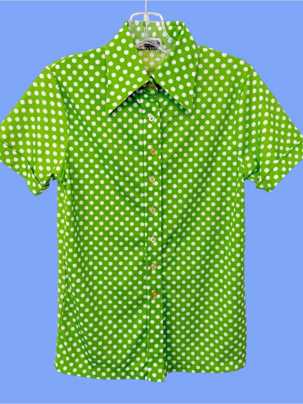 Vintage Green and White Polka Dot Short-Sleeve Button-Down Shirt